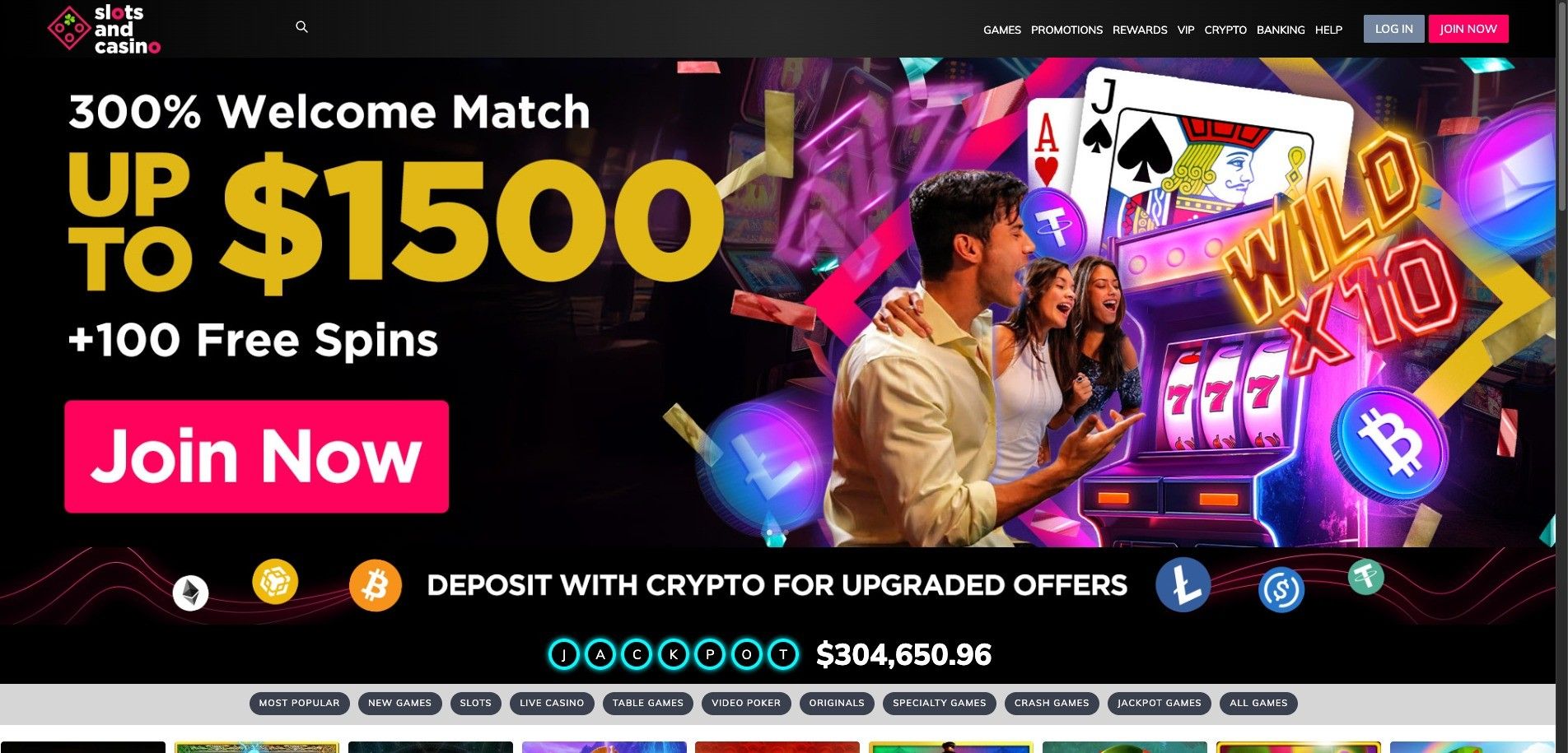 Screenshot of Slots and Casino homepage with welcome offer